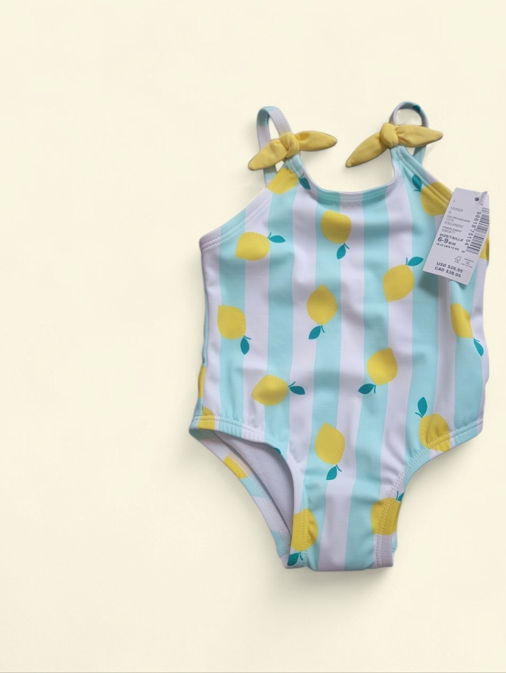 BABY GIRLS STRIPED LEMON TIE SHOULDER ONE PIECE SWIMSUIT